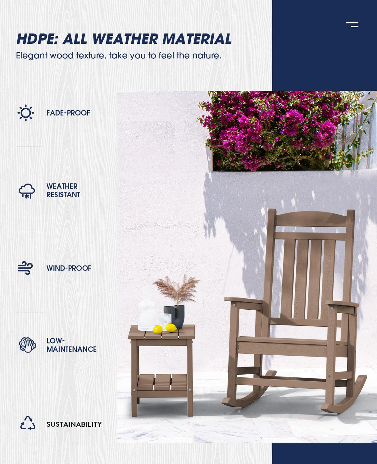 KINGYES HDPE Rocking Chairs Outdoor, Patio Rocking Chairs with 330lbs Support, Smooth Porch Rocker for Deck Lawn Yard, Brown KINGYES