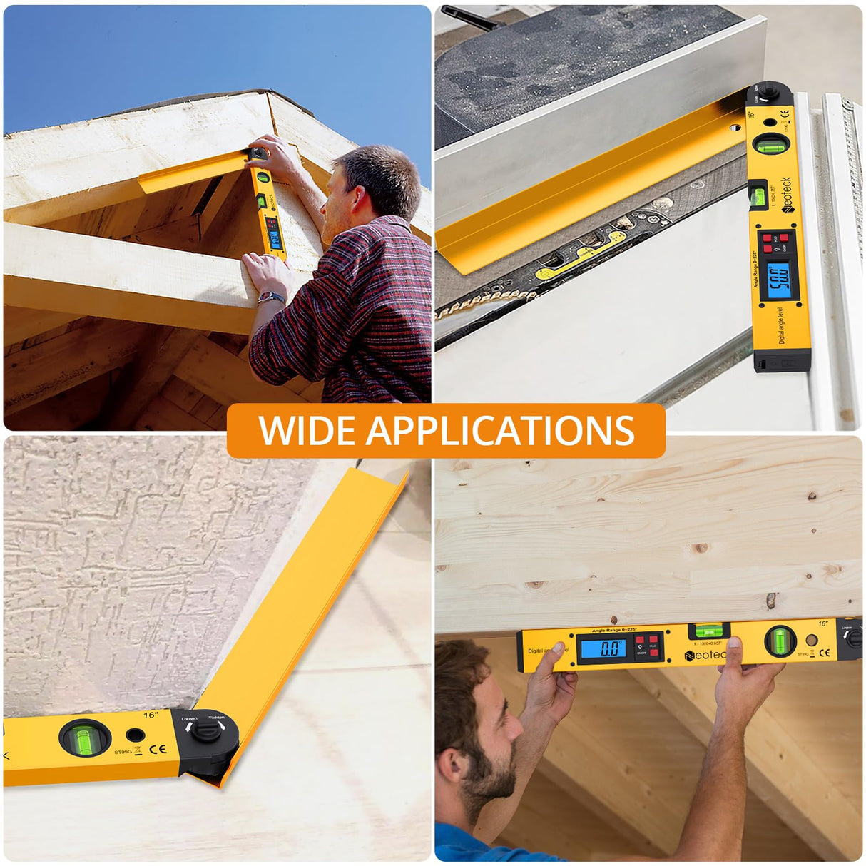 Neoteck 225° 16 inch Digital Angle Finder Aluminum Protractor with LCD Backlight Digital Angle Measuring Tool with Horizontal and Vertical Bubble for Woodworking, Construction, Machinery - Golden Neoteck