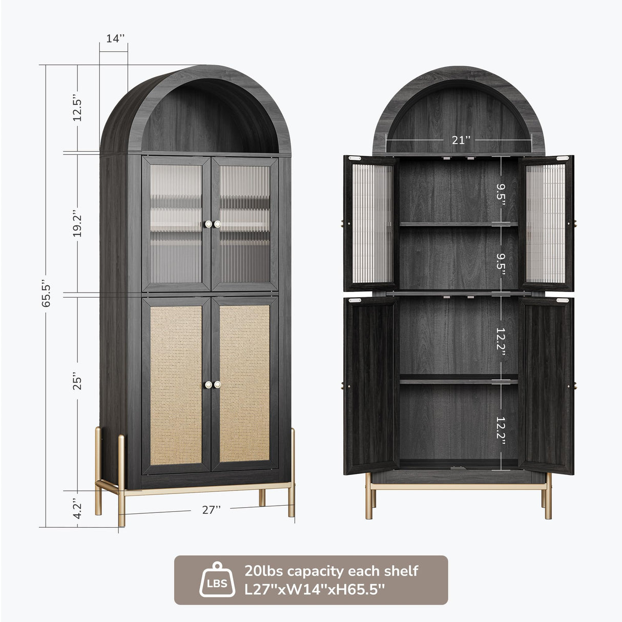 BELLEZE Set of 2 Storage Cabinet with Reeded Glass Doors, Arched Bookcase Decorated with Rattan Door, 65 Inch Freestanding Curio Cabinet for Home Living Room and Kitchen, Black BELLEZE