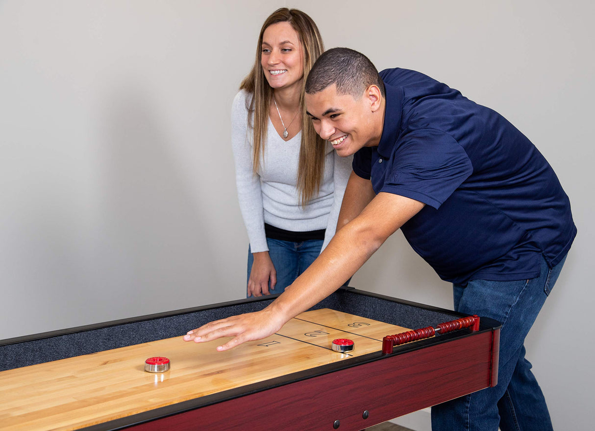 Challenger Shuffleboard Table with Dark Cherry Finish, Hardwood Playfield, Storage Cabinets, Climate Adjusters, Leg Levelers, 8 Pucks, Brush and Wax Hathaway