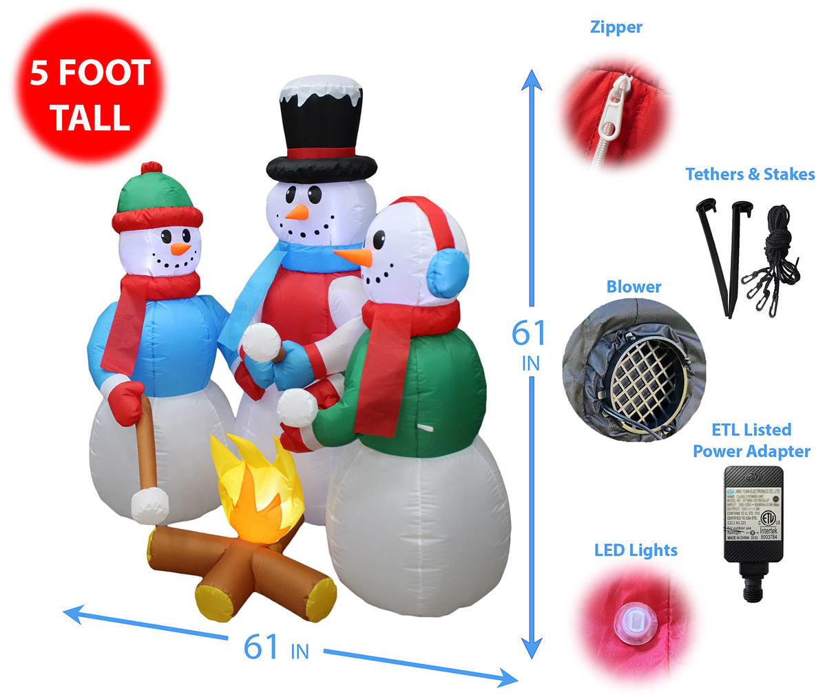 5 Foot Tall Huge Christmas Inflatable Snowmen Snowman Campfire Camping Roasting Marshmallows LED Lights Outdoor Indoor Holiday Decorations Blow up Lawn Inflatables Home Family Decor Yard Decoration BZB Goods