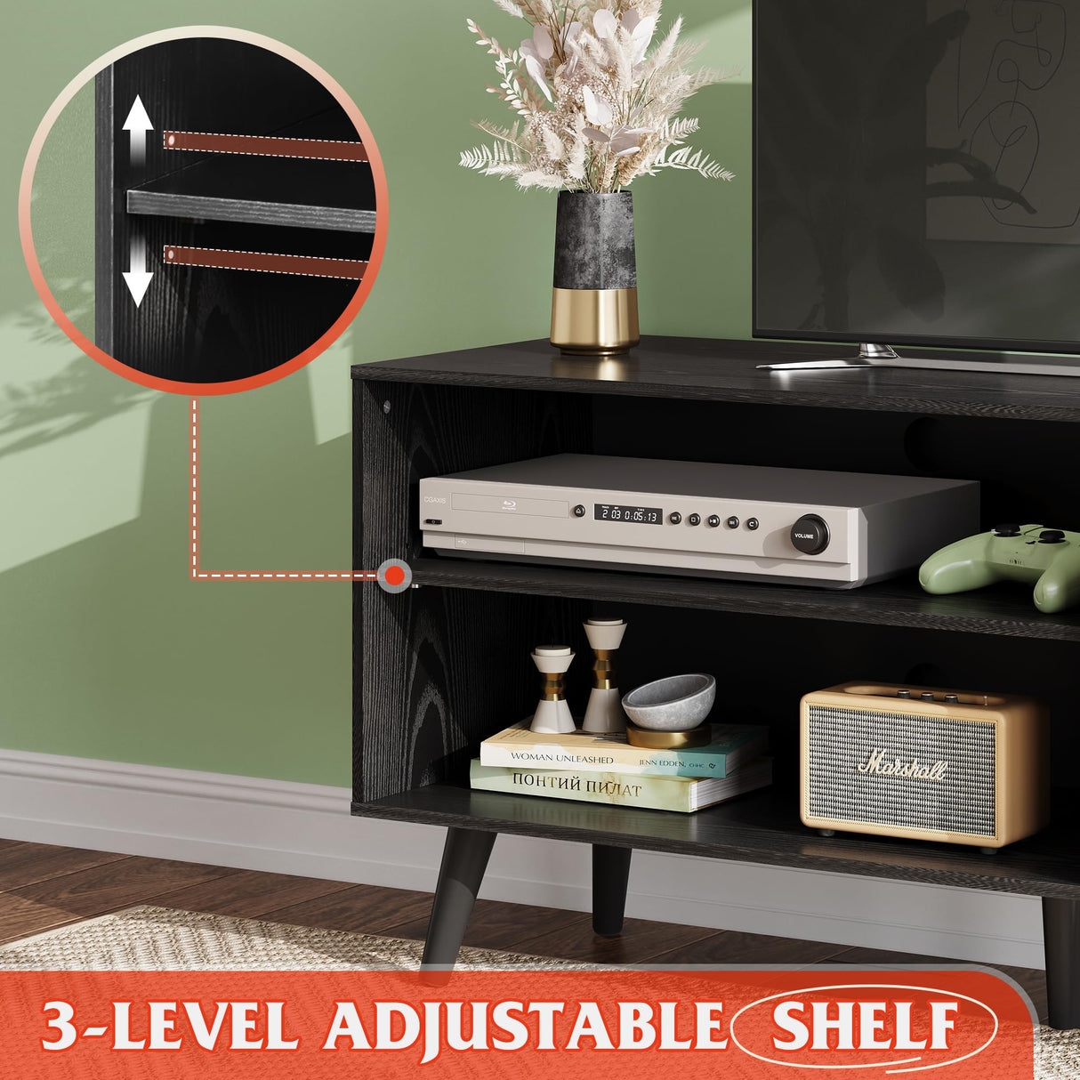 WLIVE TV Stand for 55 Inch TVs, Entertainment Center with Storage Cabinet, Mid-Century TV Stands for Living Room and Bedroom, 50" TV Console, Black WLIVE