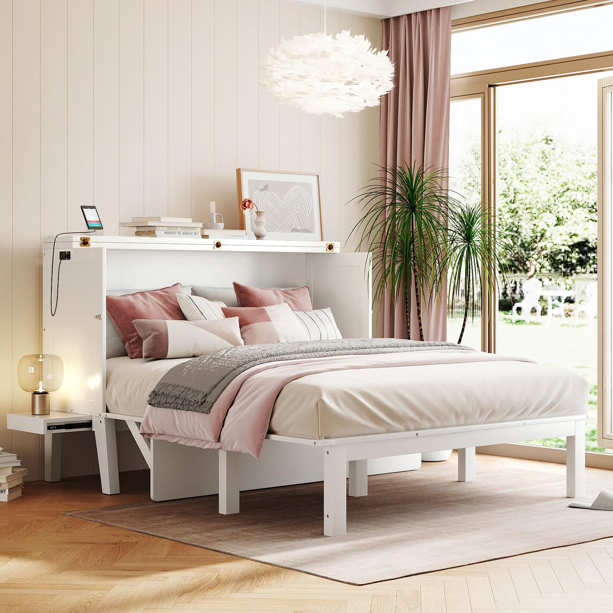 Merax Murphy Bed Queen Size with USB Port and Slide-Out Shelves on Each Side, 2-in-1 Foldable Bed Frame Cabinet Desk for Bedroom Guest Room Living Room (White) Merax