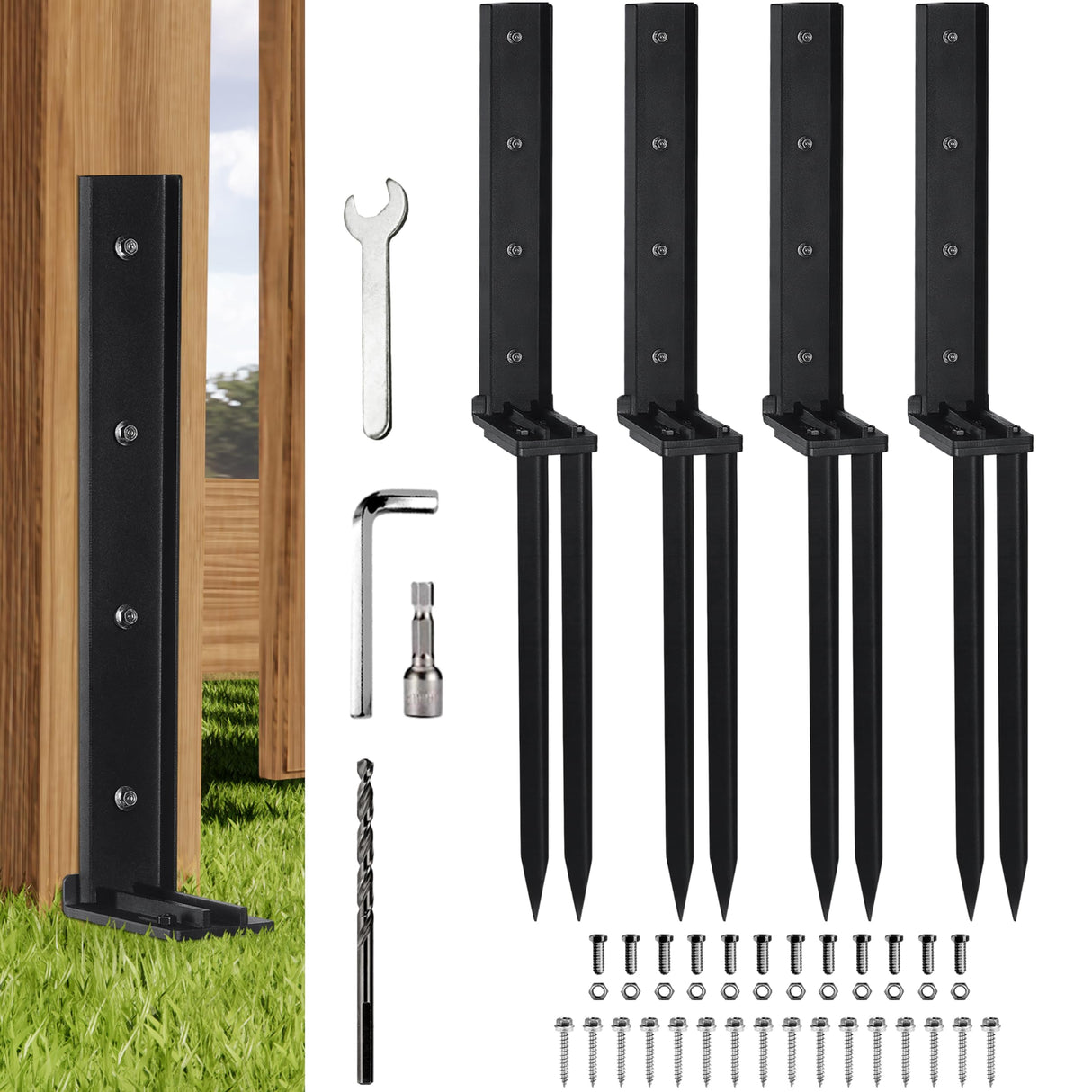 TANIVO 4 Pack Heavy Duty Steel Fence Post Anchor Repair Kit with Adjustable Width Connection and Reinforced Base for Repairing Tilted/Broken Wood Fence Post Support TANIVO