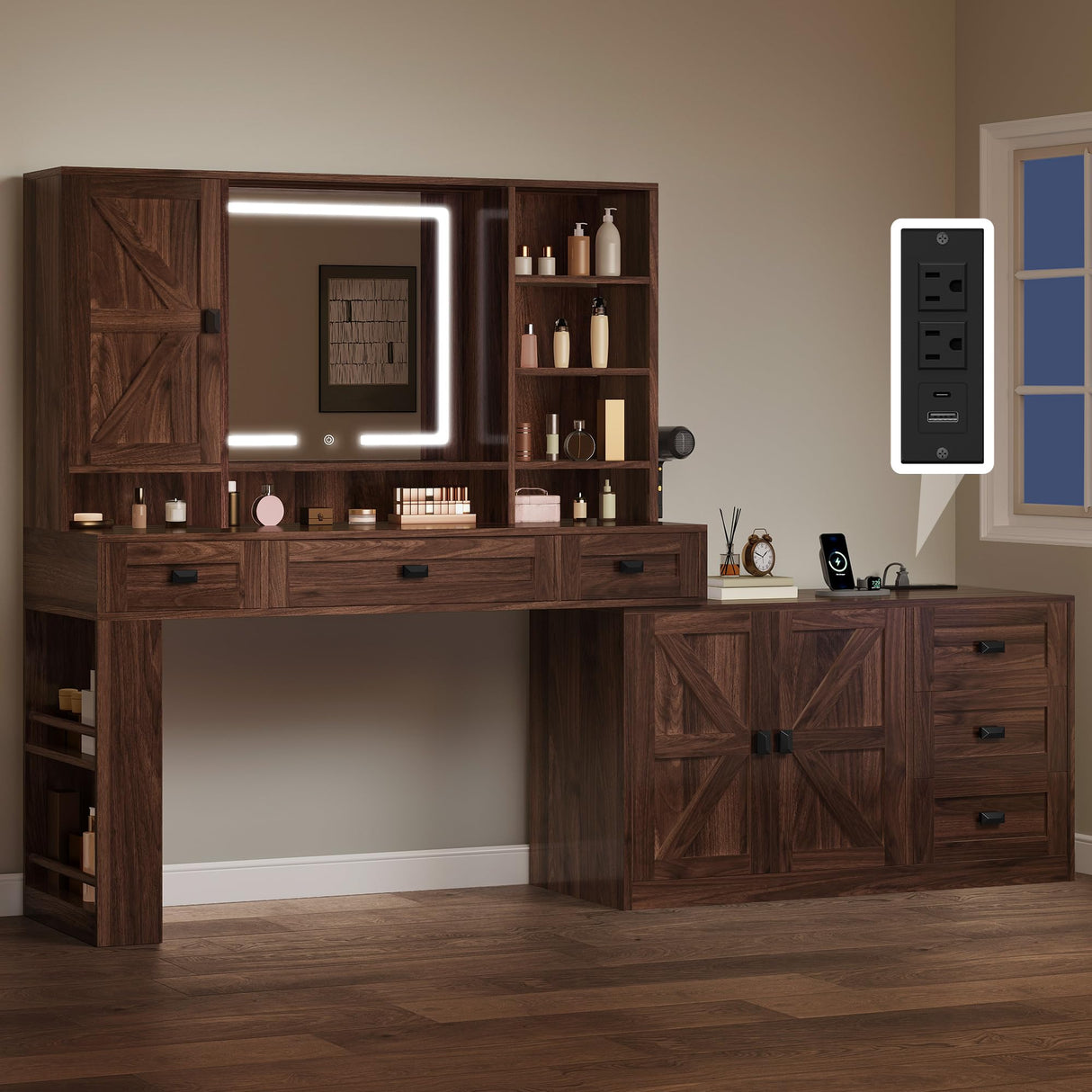 YITAHOME 68'' Farmhouse Makeup Vanity Desk with Mirror and Lights, 360° Rotation Big Modern Lighted Vanity Table with 6 Drawers & Lots Shelves, Rustic Large Dressing Table, Antique Brown YITAHOME