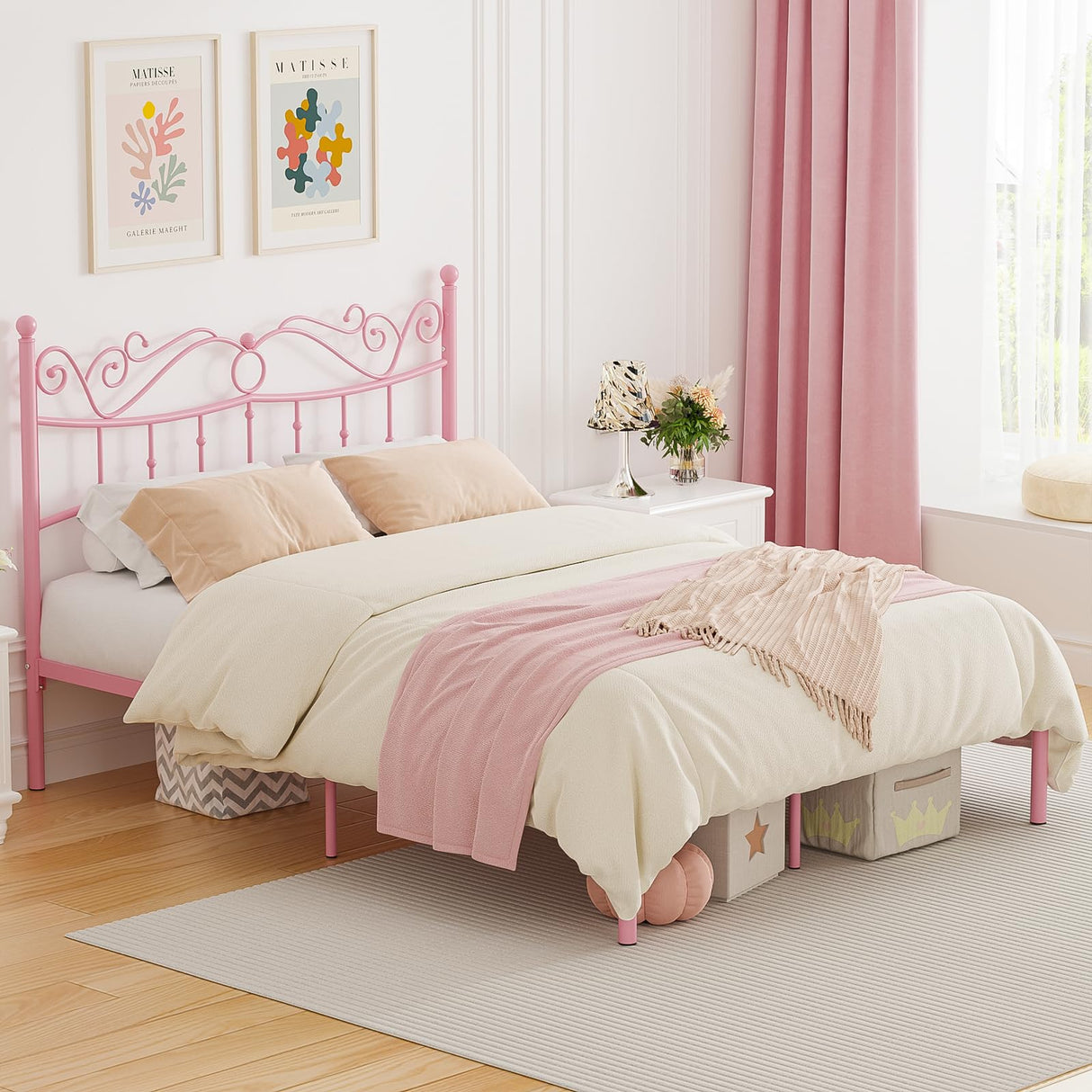 Merronix Full Size Bed Frame with Headboard, Elegant Metal Bed Frame Full for Girls, Modern Kids Full Bed Frame No Box Spring Needed, 11.2 Inches Height Clearance - Pink Merronix
