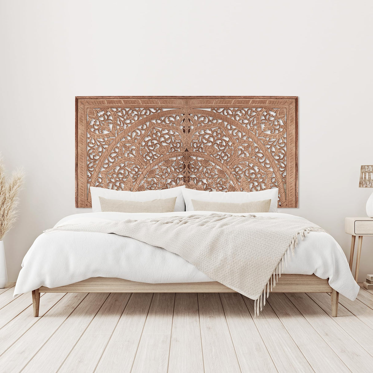 King Wood Headboard | Carved Full Headboard Only | Wooden Headboard Full Size Bed | Wall Mount Headboard King | Full Bed Headboard Panels (Cal King, Sumber, Natural) KultureDeco