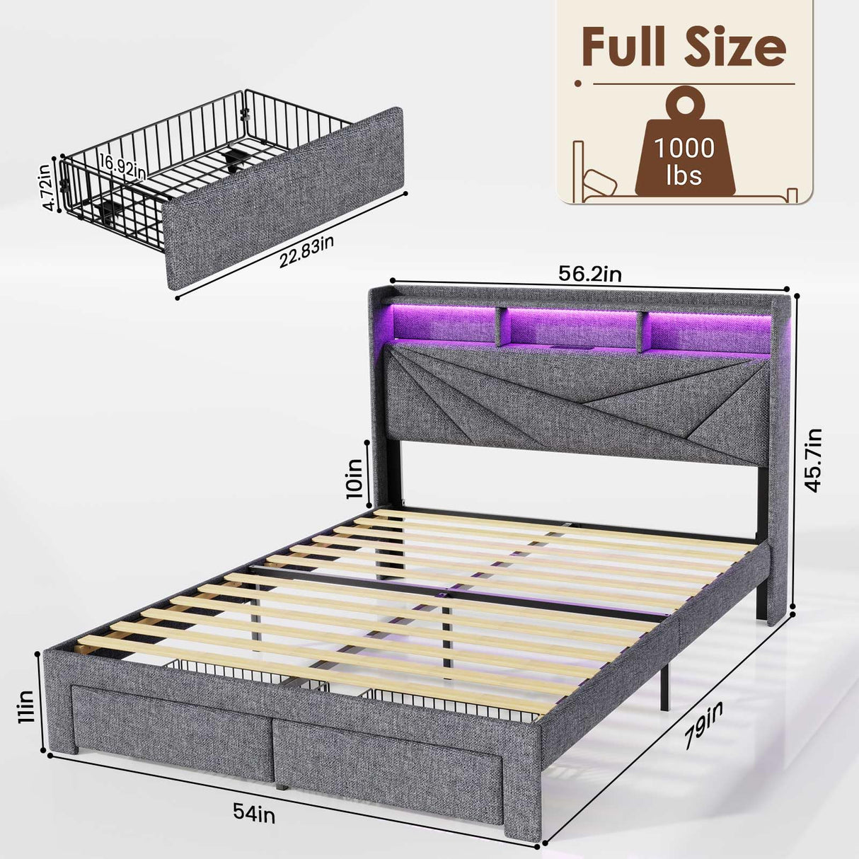 Driftalia LED Full Size Bed Frame with 2 Storage Drawers, Upholstered Full Bed Frame with Headboard and Charging Station, No Box Spring Needed, Easy to Assembly-Light Grey Driftalia