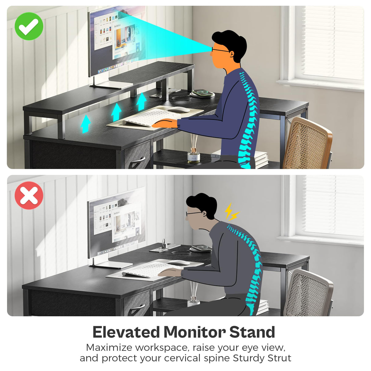 SUPERJARE 53 inch Reversible L Shaped Desk with LED Lights & Power Outlets, Computer Desk with Shelves & Monitor Stand, Gaming Desk with Drawer, Home Office Desk Corner Desk, Black SUPERJARE