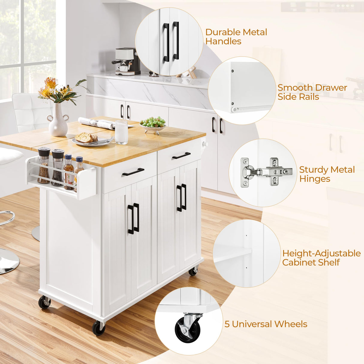 Yaheetech Rolling Kitchen Island with Drop Leaf, Kitchen Cart on Wheels with Storage Cabinet and Drawers, Rubberwood Top, Detachable Towel Rack, Spice Rack for Dining Room, White Yaheetech