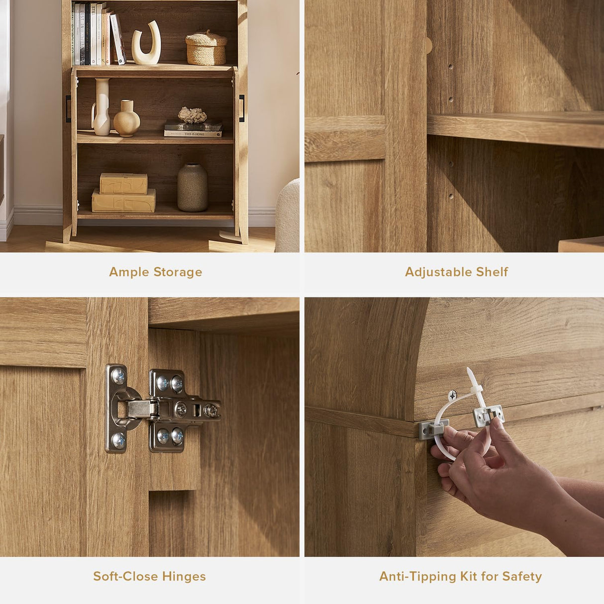 mopio Lauren 77.4" Tall Arched Cabinet, 5-Tier Arched Bookcase with Doors and Adjustable Shelves, Arch Bookshelf with Storage, Wooden Storage Cabinet for Living Room and Kitchen Pantry (Oak) mopio