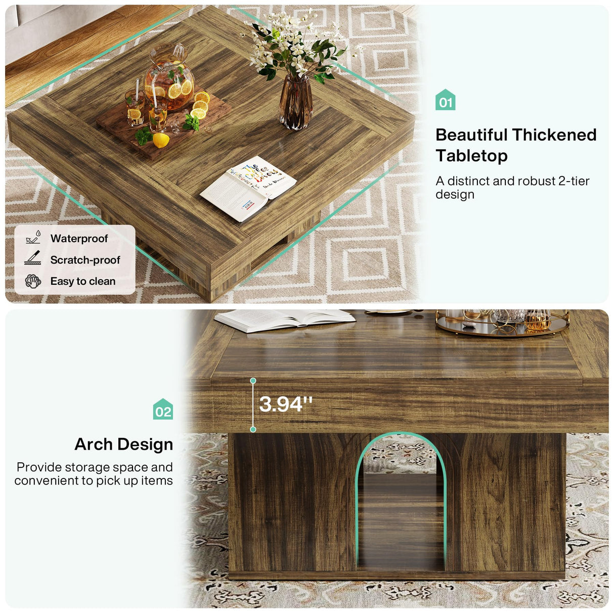 Tribesigns 35" Square Coffee Table, Farmhouse Center Table with 2-Tier Storage, Rustic Wood Cocktail Table Perfect for Living Room, Reception Room, Brown Tribesigns