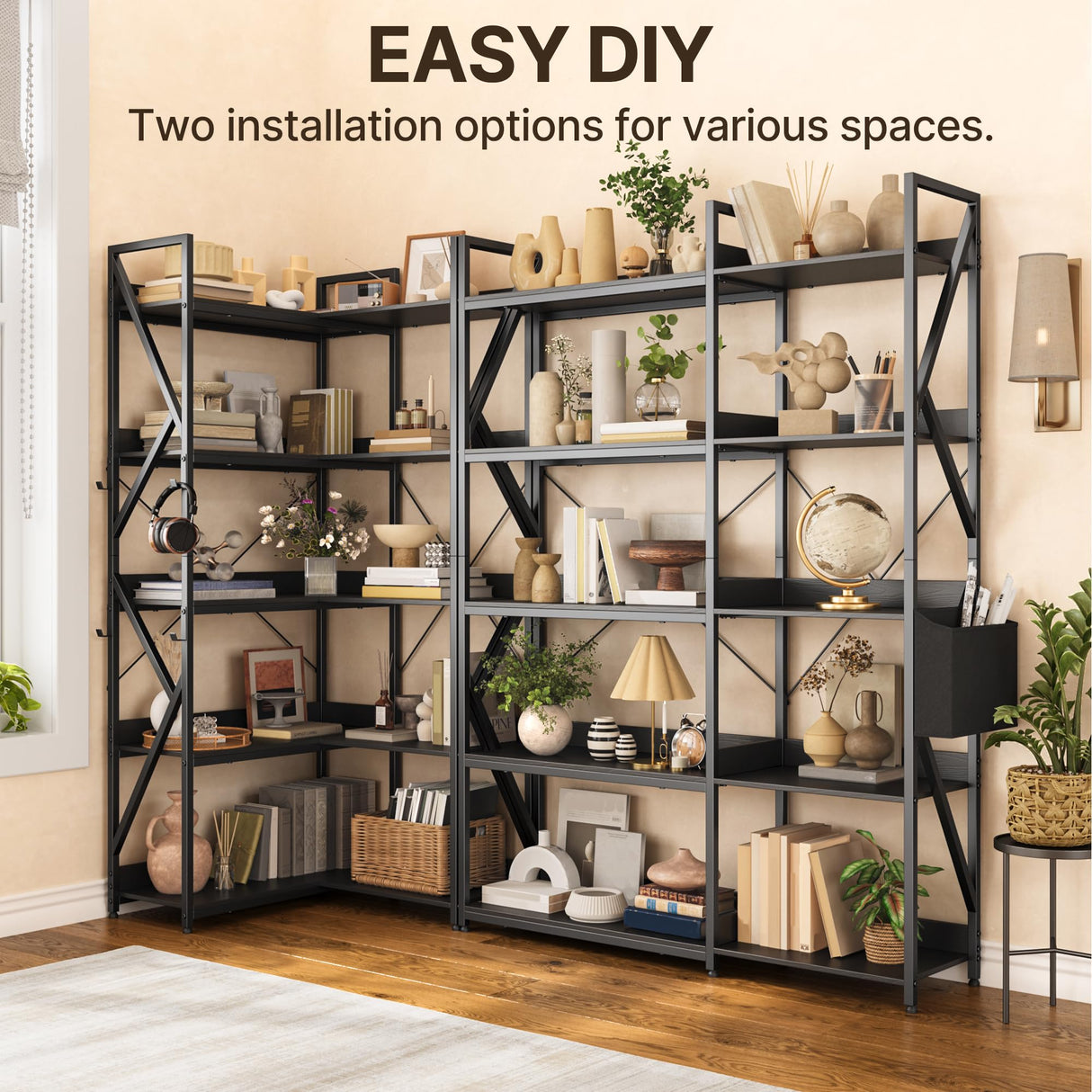 Gizoon 5 Tier Industrial Bookshelf, 65" H Reversible Corner Bookshelf, Bookcase, Freestanding Display Shelf, with 4 Hooks, a Storage Basket, Metal Frame, for Living Room, Kitchen, Office, Black Gizoon