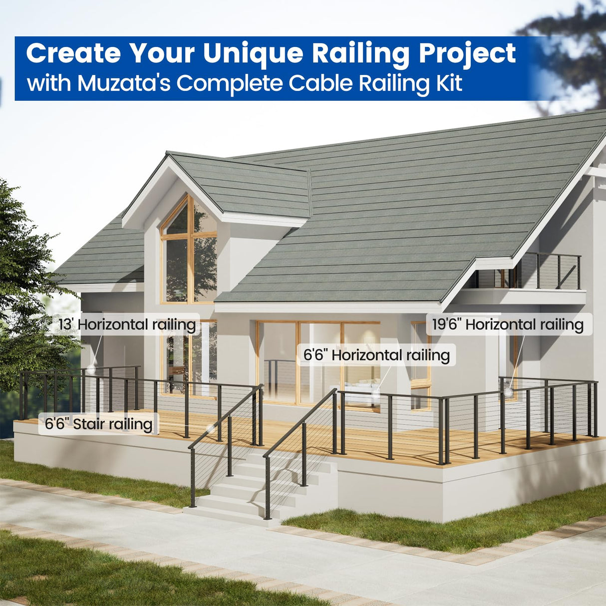 Muzata 3'-6'6" Black Complete Cable Railing Kit for Stairs 42 Inch Cable Railing System with Post Handrail Length Adjustable Easy DIY with User Guide Complete Set RCS1 BA4L Muzata