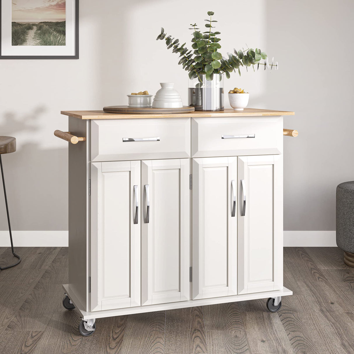 BELLEZE Rolling Kitchen Island Cart on Wheels with Storage Cabinet, Mobile Kitchen Cart Island Table with 2 Drawers Towel Racks Rubber Wood Top Coffee Bar for Dinning Room, 41.7”Lx18.5”Wx37”H, White BELLEZE