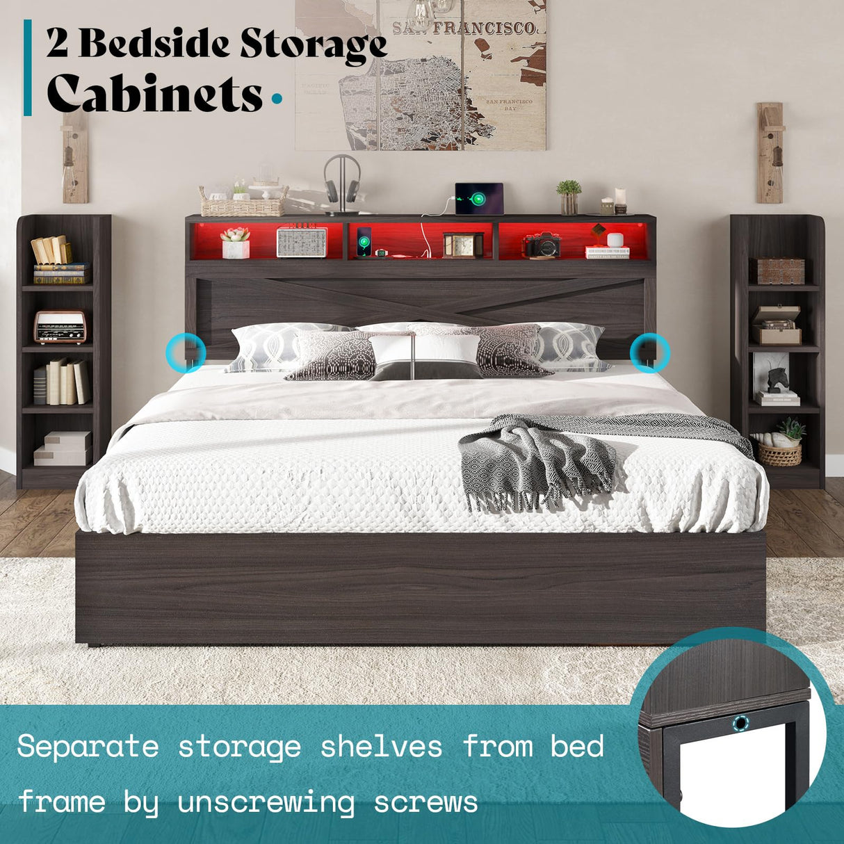 AMERLIFE King Size Lift Up Storage Bed Frame, 45.1" LED Bed Frame with 2 Side Shelves and Bookcase Headboard, Farmhouse Wood Platform Bed with Charging Station, No Box Spring Needed, Black AMERLIFE