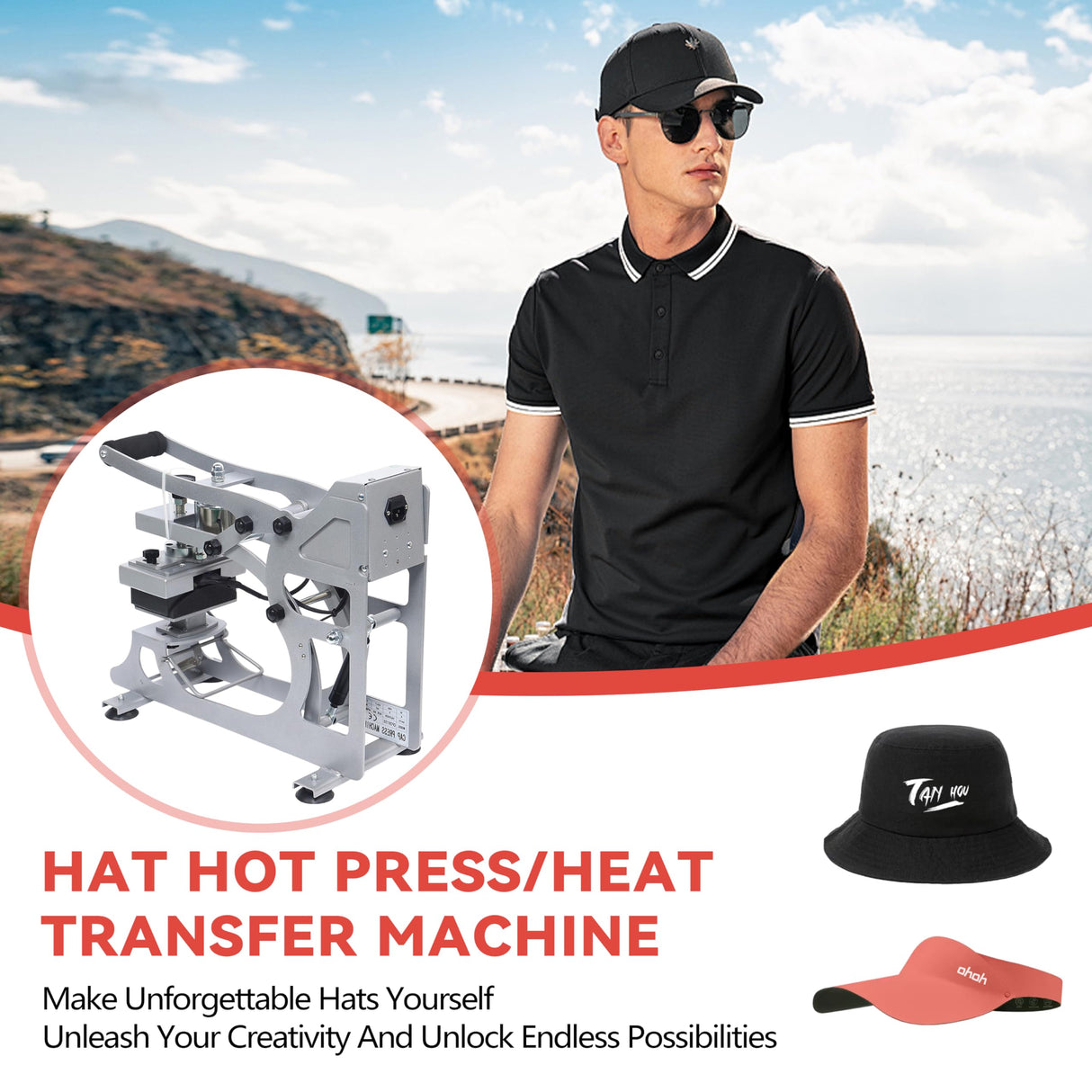 Hat Press Heat Machine, 2-in-1 Commercial Caps Hat Heat Press Transfer Machine 12x12cm Semi-Auto Magnetic Digital Press, American Standard 110V Small Label Stamping Machine Heat Press Machine for Caps Poggyyi