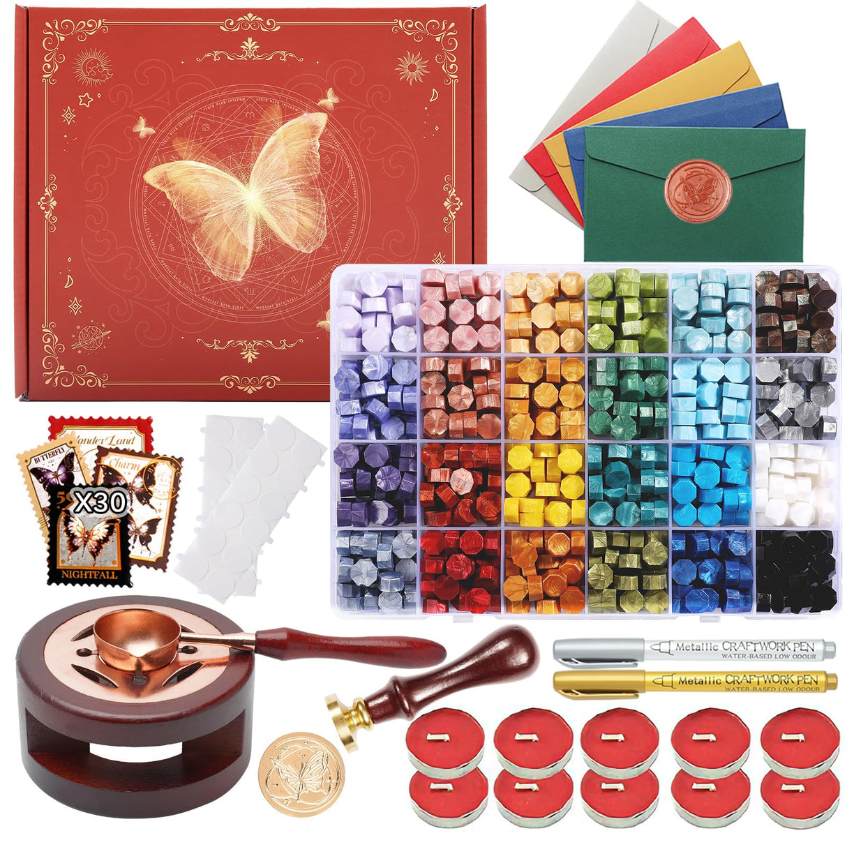 Comealltime 630Pcs Colorful Seasons Theme Wax Seal Kit with 24 Colors Wax Seal Beads, 10 Tea Light Candles and Gift Box (Butterfly) Comealltime