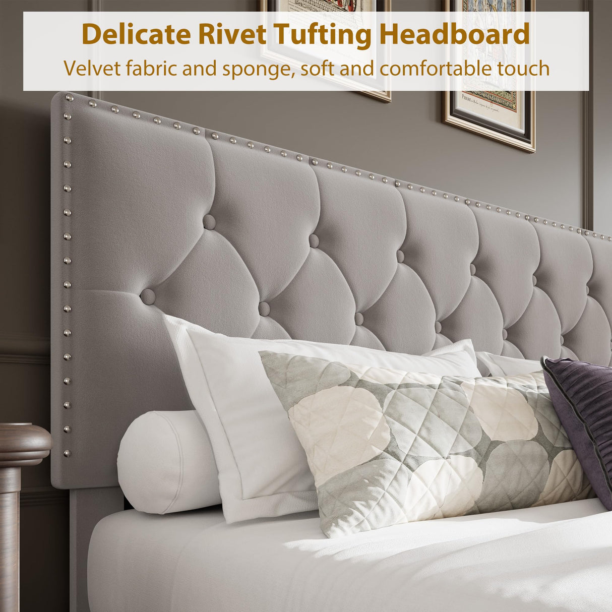 GarveeHome Upholstered Full Size Bed Frame with 2 Storage Drawers, Velvet Platform Bed Frame with Button Tufted Rivets Headboard, Heavy Duty, No Box Spring Needed, Easy Assembly, Beige GarveeHome