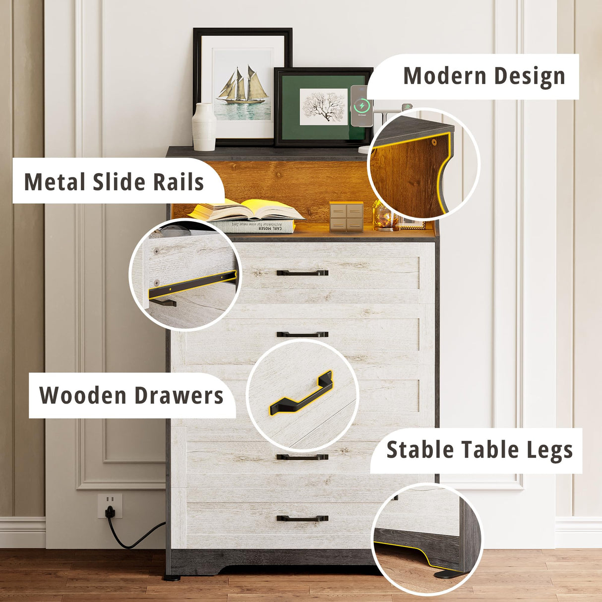 LIKIMIO 5-Drawer Wood Dresser with LED & USB Charging, Mid-Century Modern Farmhouse Bedroom Storage Cabinet, Rustic White w/Safety Strap, 48.4" Tall (15.7" D x 31.5" W) for Nursery, Living Room LIKIMIO