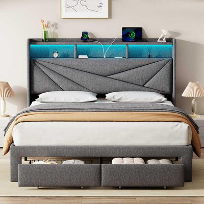 Driftalia LED Queen Bed Frame with 2 Storage Drawers, Upholstered Bed Frame Queen Size with Headboard and Charging Station, No Box Spring Needed, Easy to Assembly-Light Grey