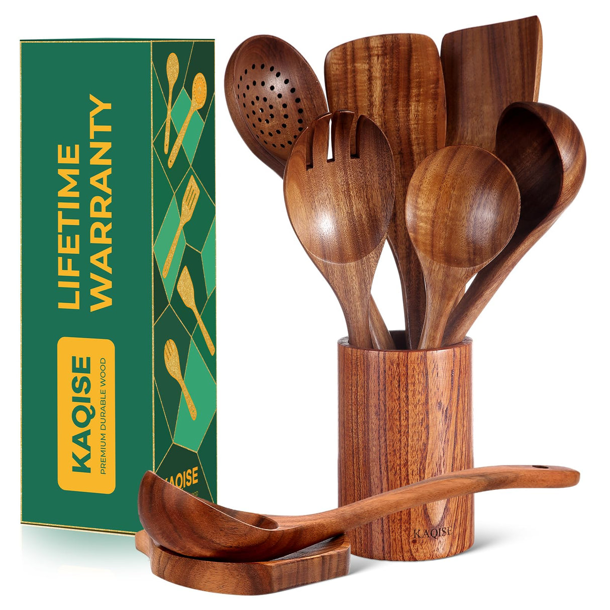 KAQISE Wooden Spoons for Cooking, Kitchen Essential Wooden Utensils Set, Teak Wood Cooking Utensils Set for Families(8 Pieces ) KAQISE
