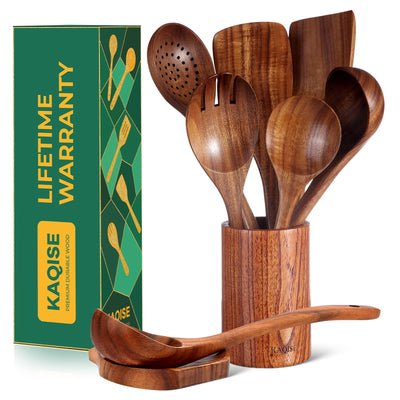 KAQISE Wooden Spoons for Cooking, Kitchen Essential Wooden Utensils Set, Teak Wood Cooking Utensils Set for Families(8 Pieces )
