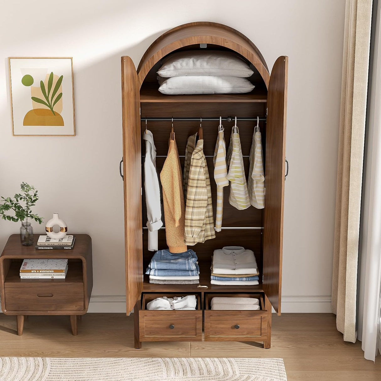 Lxsxlome Armoire Wardrobe Closet, Modern Wardrobe Closet with Drawers and 2 Arched Fluted Doors, 70.87‘’ Tall Wooden Bedroom Armoires with Shelves and Hanging Rod (1, Walnut) Lxsxlome
