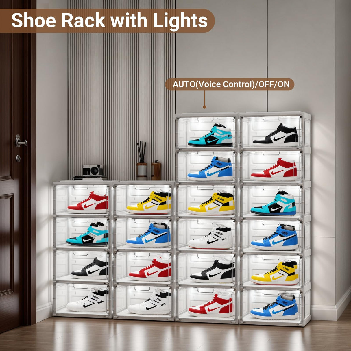 BROVIEW Led Shoe Boxes, Shoe Display Case with Lights, Large Clear Plastic Foldable Shoe Storage Box, Voice Activated Led Shoe Organizer Sneaker Case, Collection Crate, 1 Row 4 Tier White BROVIEW