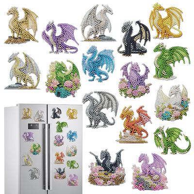 Sitsink Dragon Diamond Painting Magnets - 16 Pcs Small Diamond Art Kits for Adults Refrigerator Stickers, Fantasy Animal Dragon DIY Crafts Making