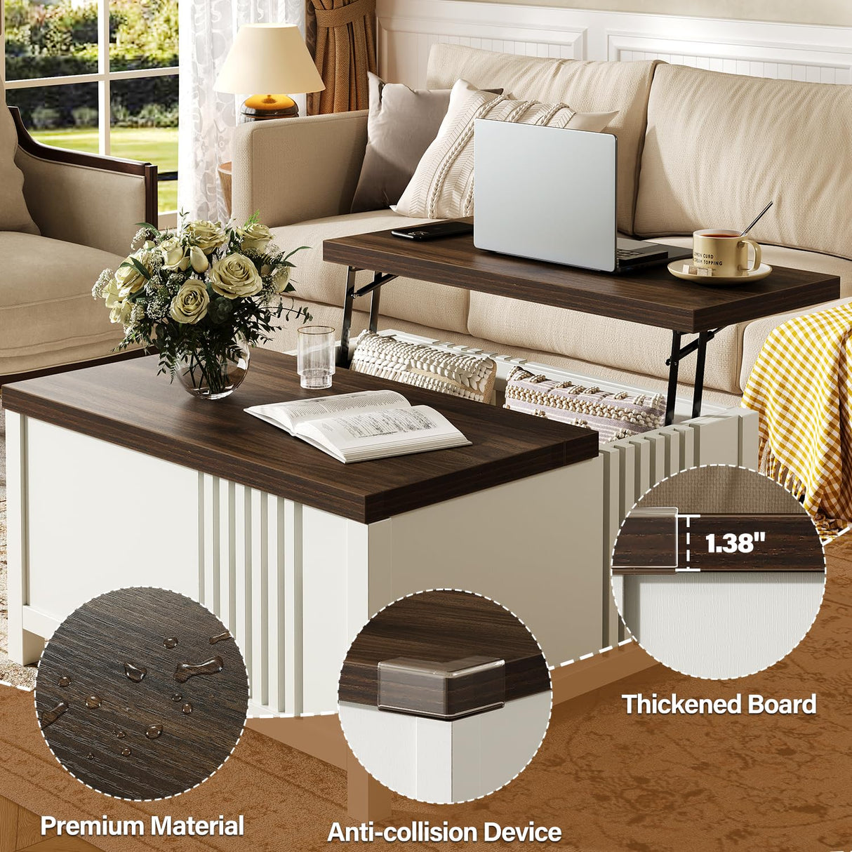 knoworld Farmhouse Lift Top Coffee Table with Storage, 35" Square Large Coffee Table with Hidden Compartment, Rustic Wood Center Table for Living Room, White knoworld