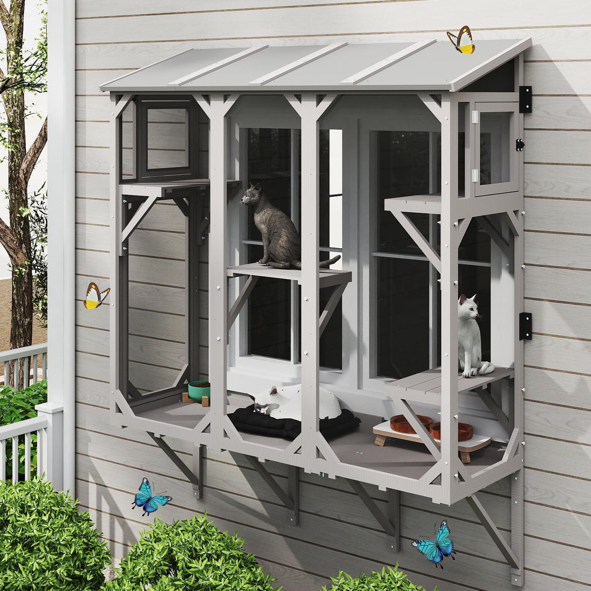 ketive Cat Catio, Expandable Window Box Enclosure for Multiple Indoor Cats, Comfortable Wooden Small Pet Perch House, All-Weather Use, Keep Bugs Insects Out, with 4 Platforms and 3 Doors ketive