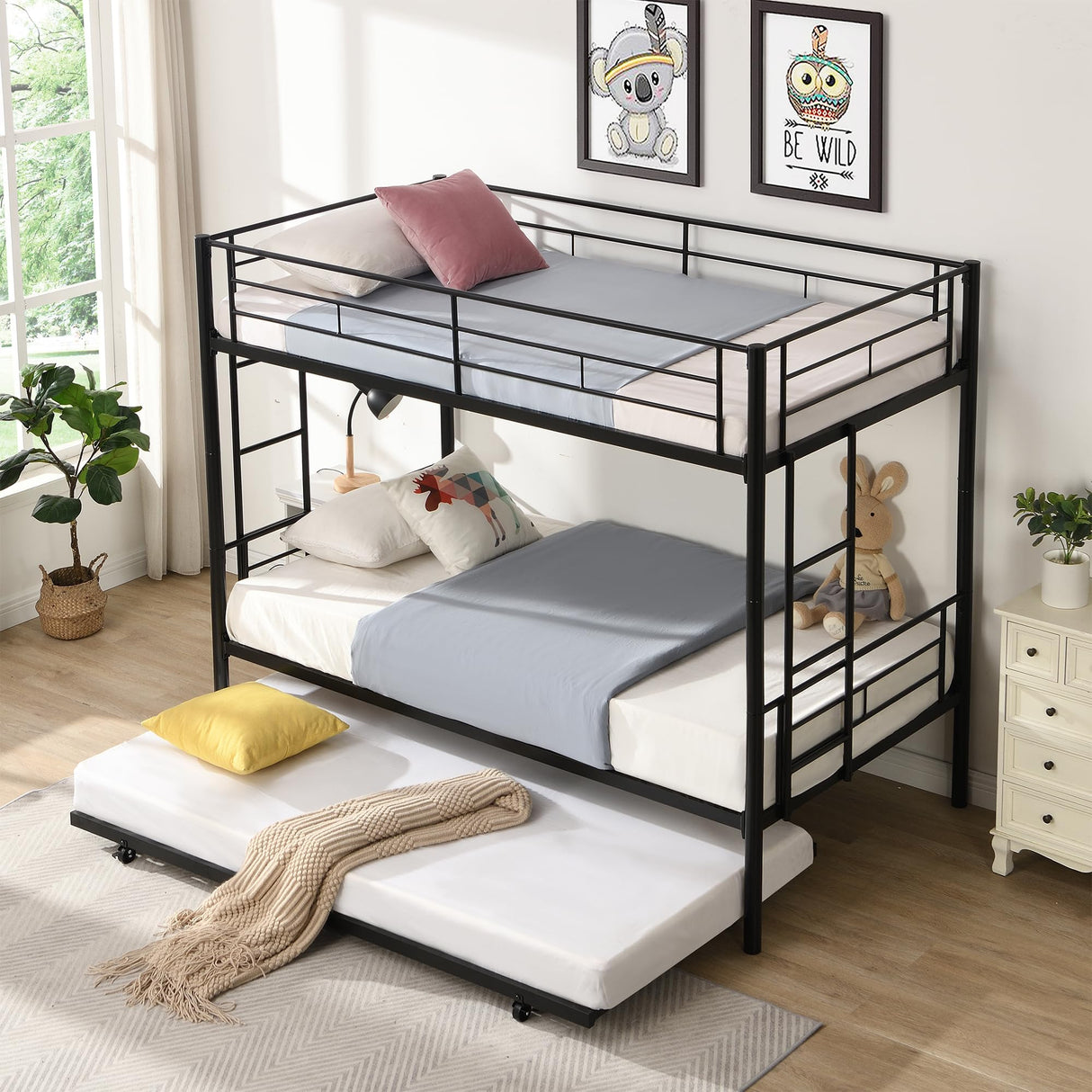 QSOSTNS Twin Over Twin Metal Bunk Bed with Trundle,Heavy Duty Bunk Beds Frame with 2 Side Ladders afety Guardrails and ladders for Kids/Teen/Adults, Easy to Assemble, No Box Spring Needed(Black) QSOSTNS