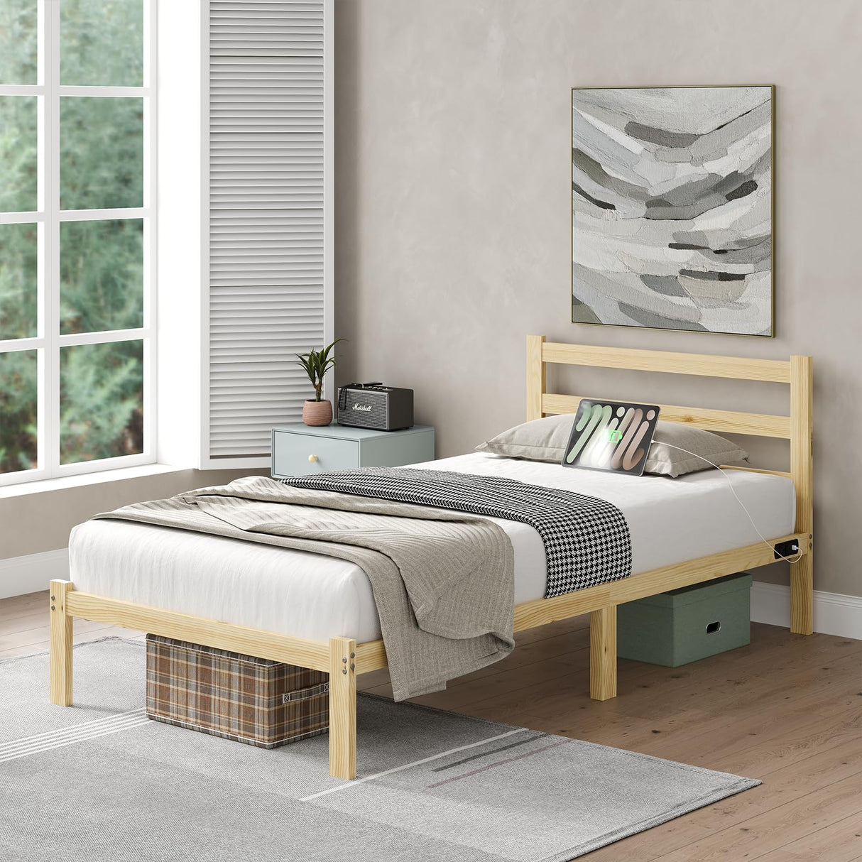 PUNICE Wooden Twin Size Bed Frame with Headboard, Wood Platform Bed Frame with Charging Station, Solid Wood Slat Support, 8.6 Inch Space Underneath, No Box Spring Needed, Easy Assembly PUNICE