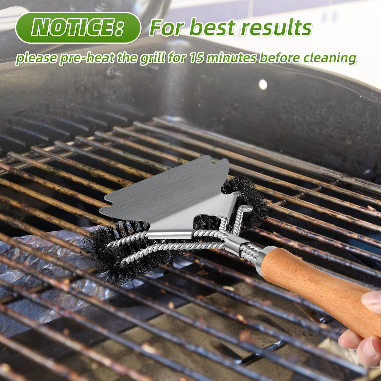 SUBEKYU Grill Brush for Outdoor Grill, 15.3'' BBQ Grill Scraper Cleaning Brush for Outdoor Grill, Safe Stainless Steel Grill Cleaner Scrubber with Scraper, Beech Wood Handle, 1Pack SUBEKYU