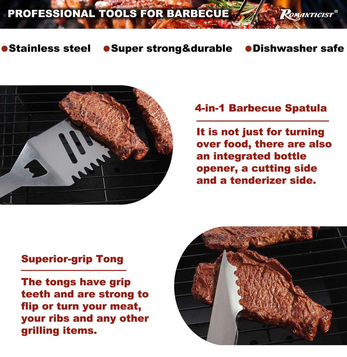 ROMANTICIST 20pc Heavy Duty BBQ Grill Tool Set in Case - The Very Best Grill Gift for Father's Day and Christmas - Professional BBQ Accessories Set for Outdoor Cooking Camping Grilling Smoking ROMANTICIST