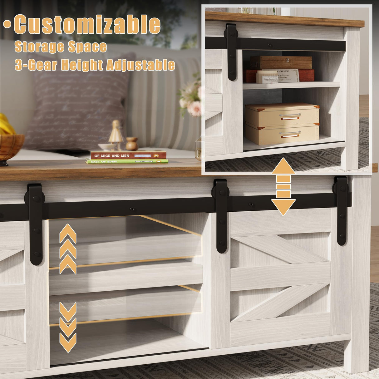 Furmax Coffee Table with Storage and Sliding Barn Doors, Farmhouse Living Room Table with Adjustable Shelves, Wood Rustic Center Table for Home Living Meeting Room (Antique White) Furmax