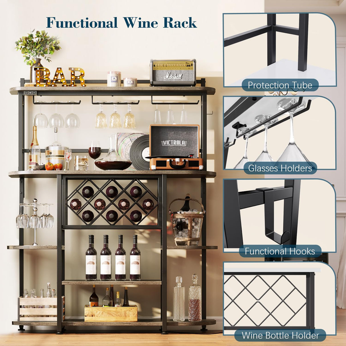 ROCHECASA Wine Rack with LED Light, Bar Table Cabinet with Glass Holder, Freestanding Coffee Bar Storage Shelves, 6-Tier Liquor Cabinet for Kitchen, Dining Room, Living Room,Grey 43.3" ROCHECASA