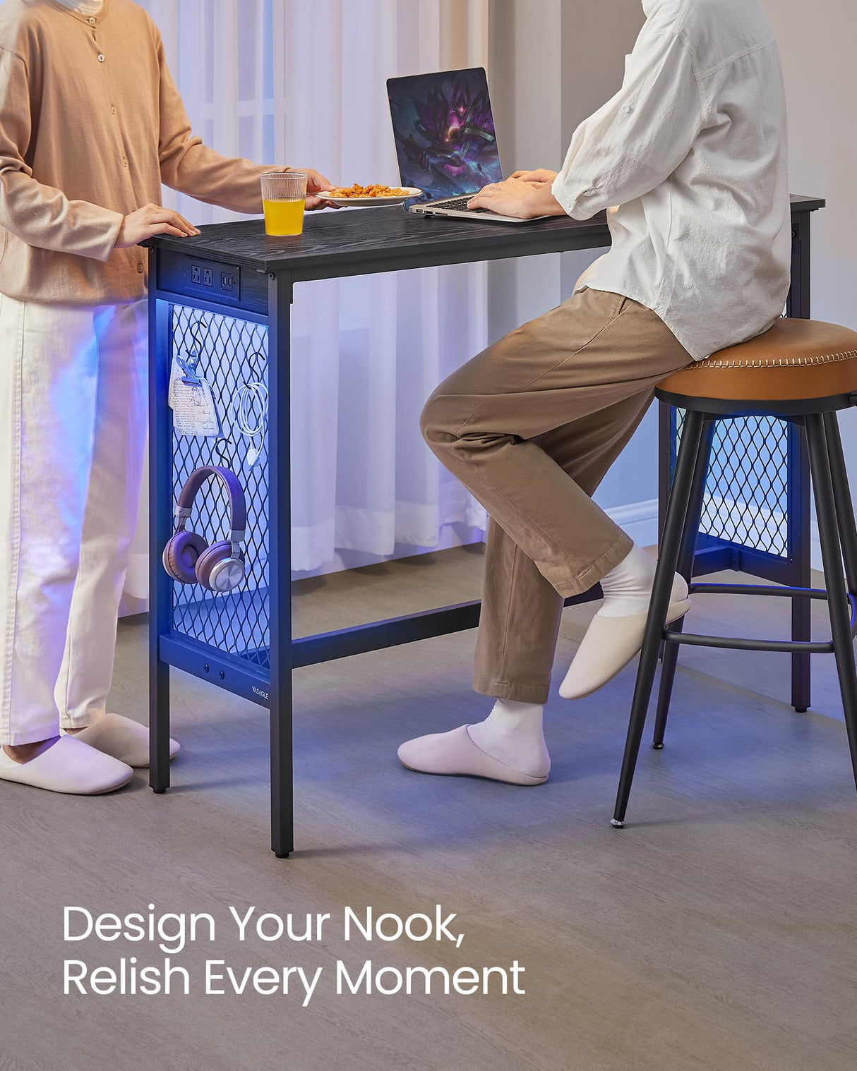 VASAGLE 47.2" Long Bar Table with Charging Station, LED Lights, Narrow Counter Tables Rectangular Couch Sofa Table, Metal Mesh Panels Frame, High Top Pub Table for Kitchen Living Room Party, Black VASAGLE