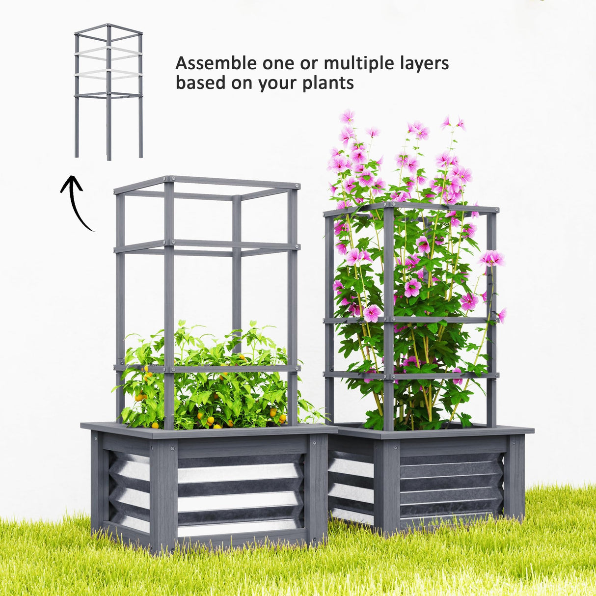 Outsunny Raised Garden Bed with Trellis, Wooden Planter Box with Galvanized Steel Sides, Raised Flower Bed for Climbing Plants, Flowers, Fruits and Vegetables, Gray Outsunny
