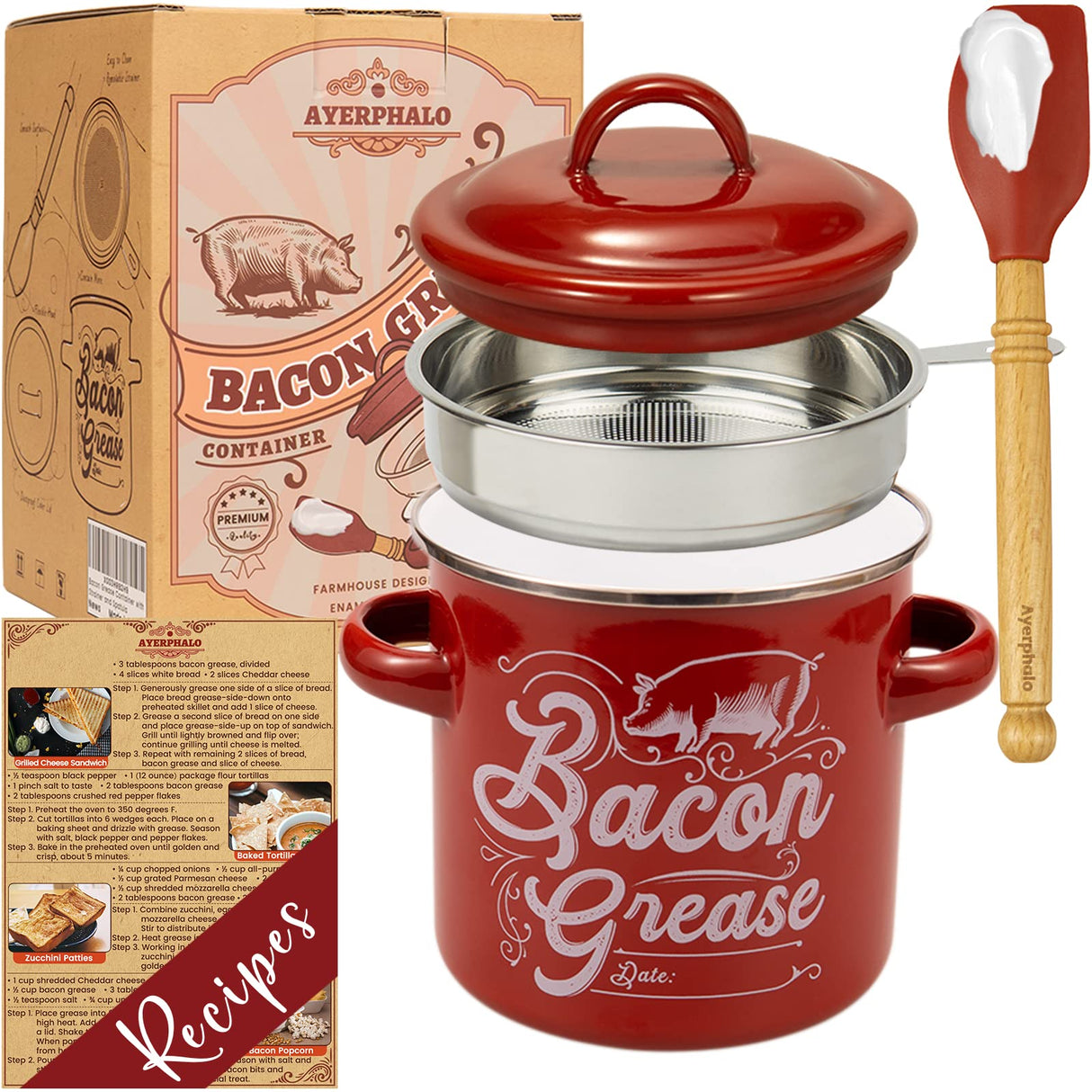 Ayerphalo Bacon Grease Container with Strainer - 46OZ Large Capacity, With Silicone Wooden Spatula, Enamel Bacon Grease Keeper for Bacon Drippings, Farmhouse Red Kitchen Decor, Dishwasher Safe Ayerphalo