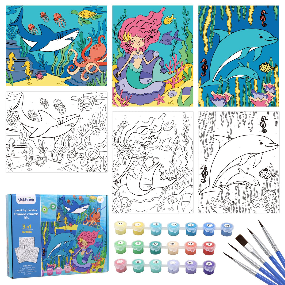 goldentime 3 Pack Kids Paint by Numbers Ages 4-8-12 Includes 8x10 inch Framed Canvas with 19 Acrylic Paints, 5 Brushes Fun and Easy Predrawn Canvas for Painting Kids goldentime