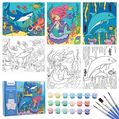 goldentime 3 Pack Kids Paint by Numbers Ages 4-8-12 Includes 8x10 inch Framed Canvas with 19 Acrylic Paints, 5 Brushes Fun and Easy Predrawn Canvas for Painting Kids
