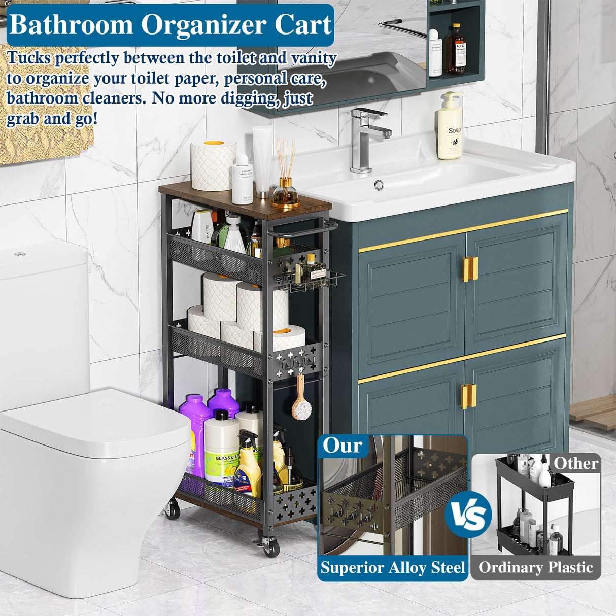 OKZEST Rolling Slim Storage Cart, 4-Tier Narrow Bathroom Organizers and Storage Cart, Metal Narrow Kitchen Laundry Room Organization Shelf with Wood Top, Slim Utility Cart with Wheels for Small Space OKZEST