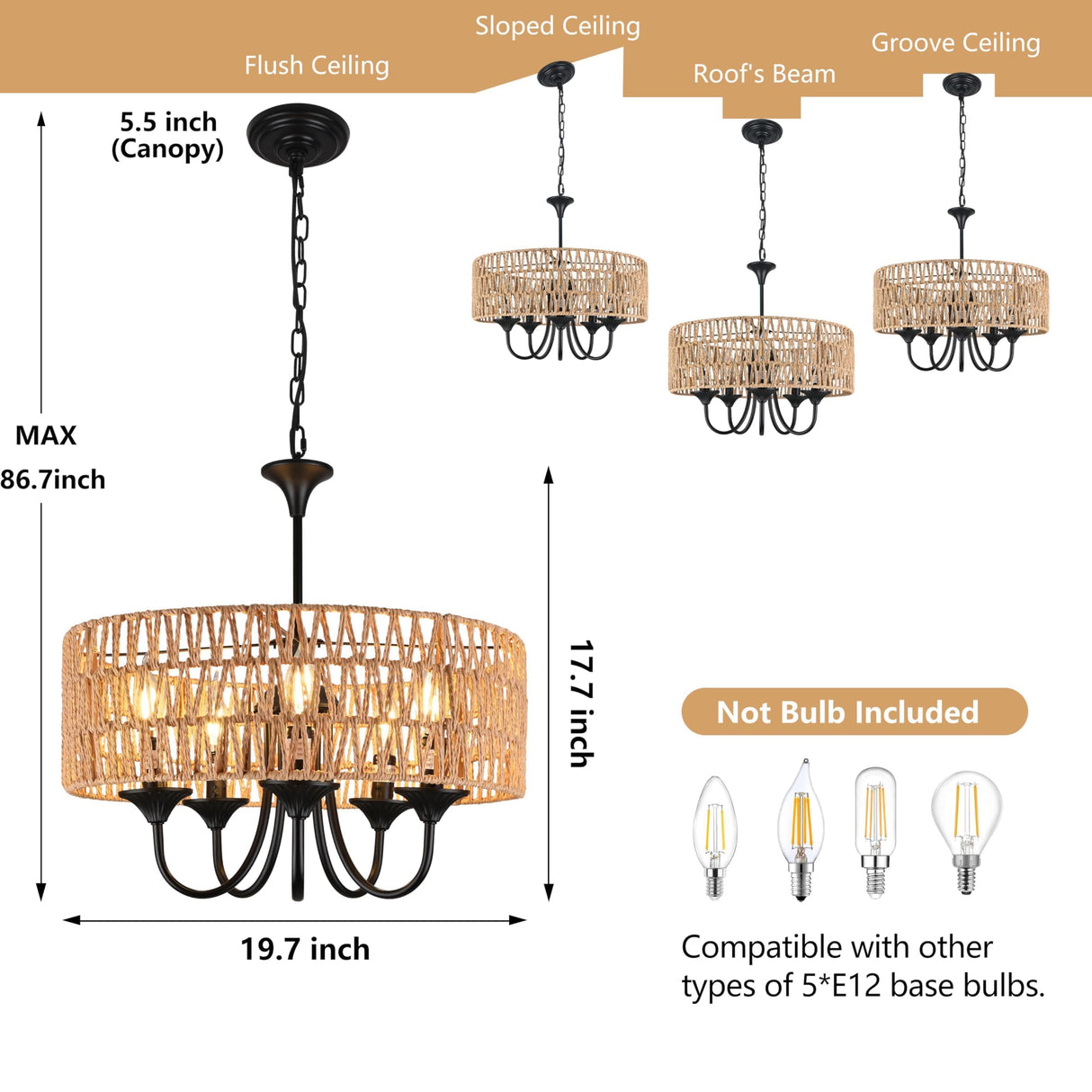 Bagood 5-Light Large Boho Rattan Pendant Lighting with Hand Woven Wicker Shade 19.7" Wicker Light Fixture Farmhouse Rattan Chandelier Drum Pendant Light Fixture for Dining Room Living Room Kitchen Bagood