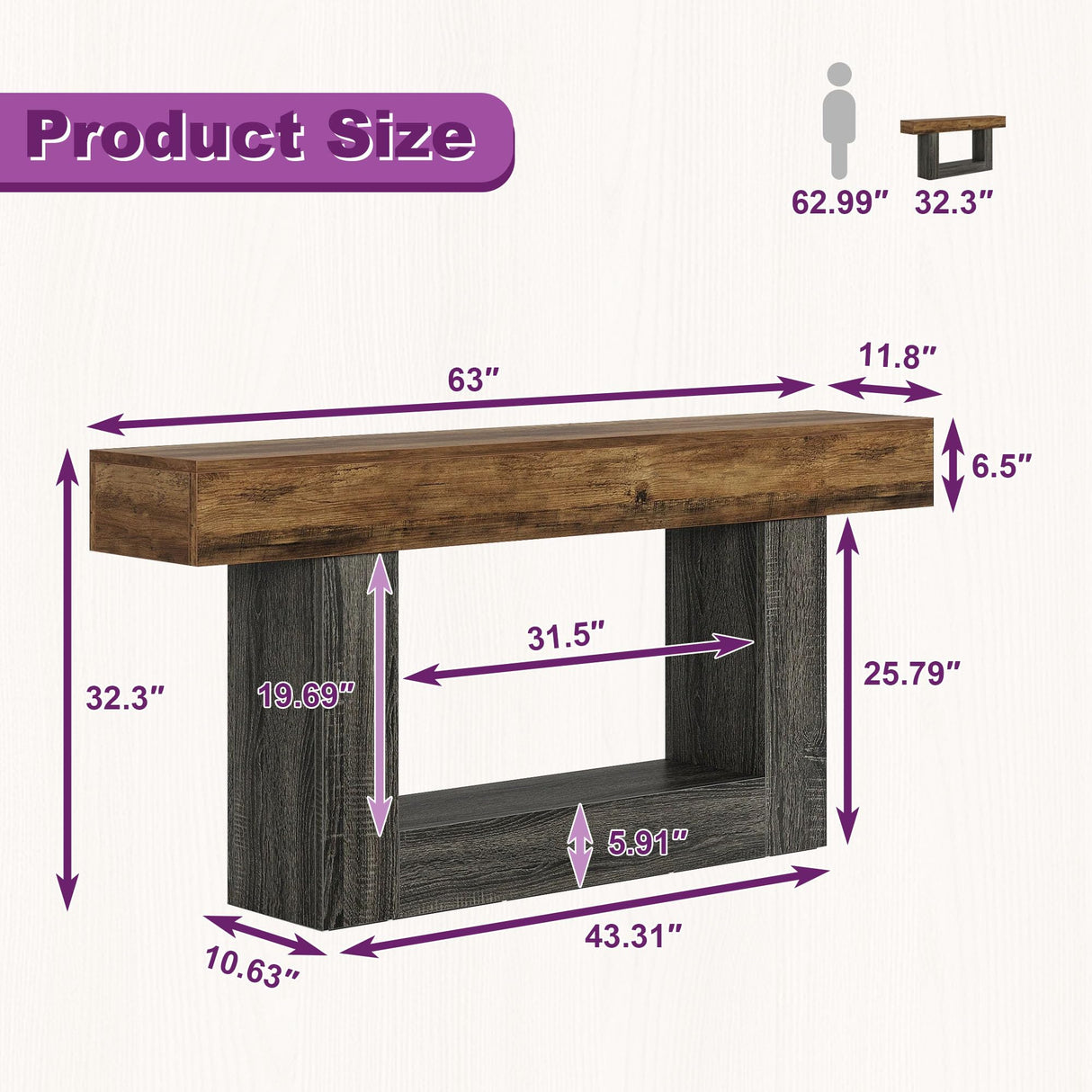 HIGREENA 63 Inch Entryway Table, 2-Tier Farmhouse Wooden Rectangular Console Sofa Table for Living Room, Hallway, Foyer Accent Table Behind Couch with U-Shaped Base - Brown & Grey HIGREENA