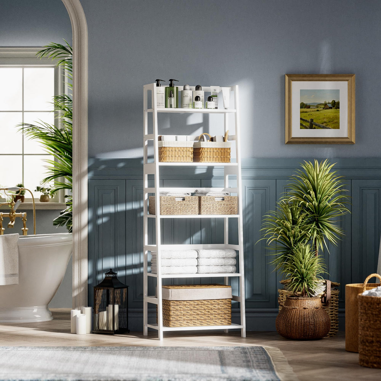 vovala Ladder Shelf, 5-Tier Bookshelf, All Bamboo Heavy Duty Bookcase, Freestanding Open Wood Storage Rack, Modern Corner Display Plant Stand for Living Room, Home Office, Bathroom, Bedroom, White vovala