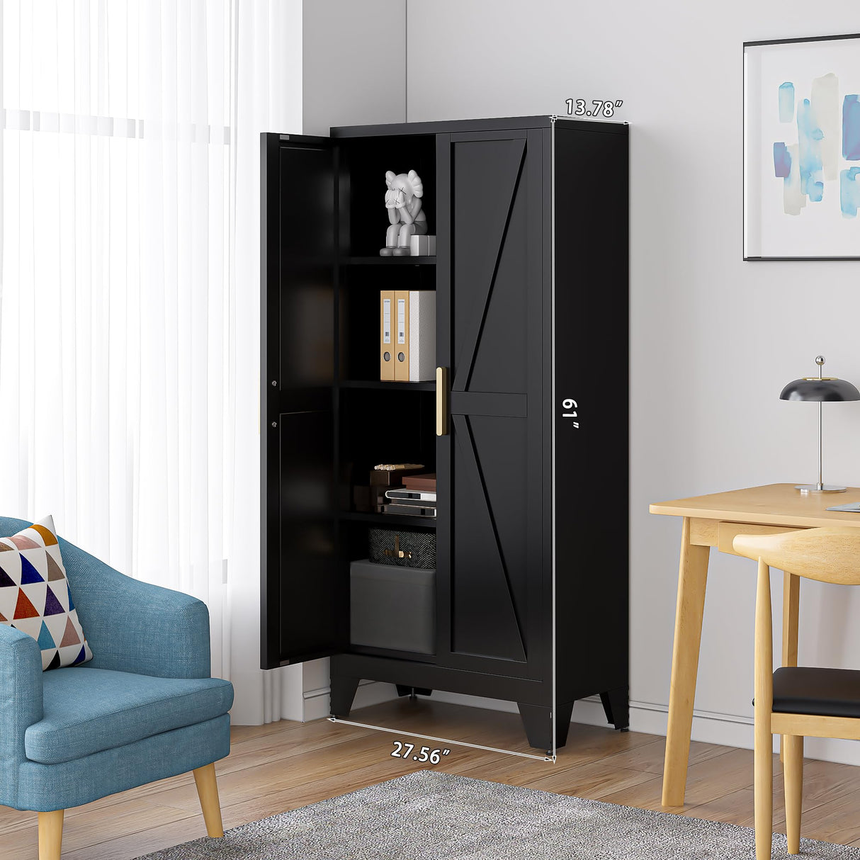 61" Tall Farmhouse Metal Pantry Cabinet, Kitchen Pantry Storage Cabinets with 2 Barn Door and Adjustable Shelves,Metal Pantry Storage Cabinet,for Kitchen,Laundry Room,Home Office,Kids Room (Black) Washsemba