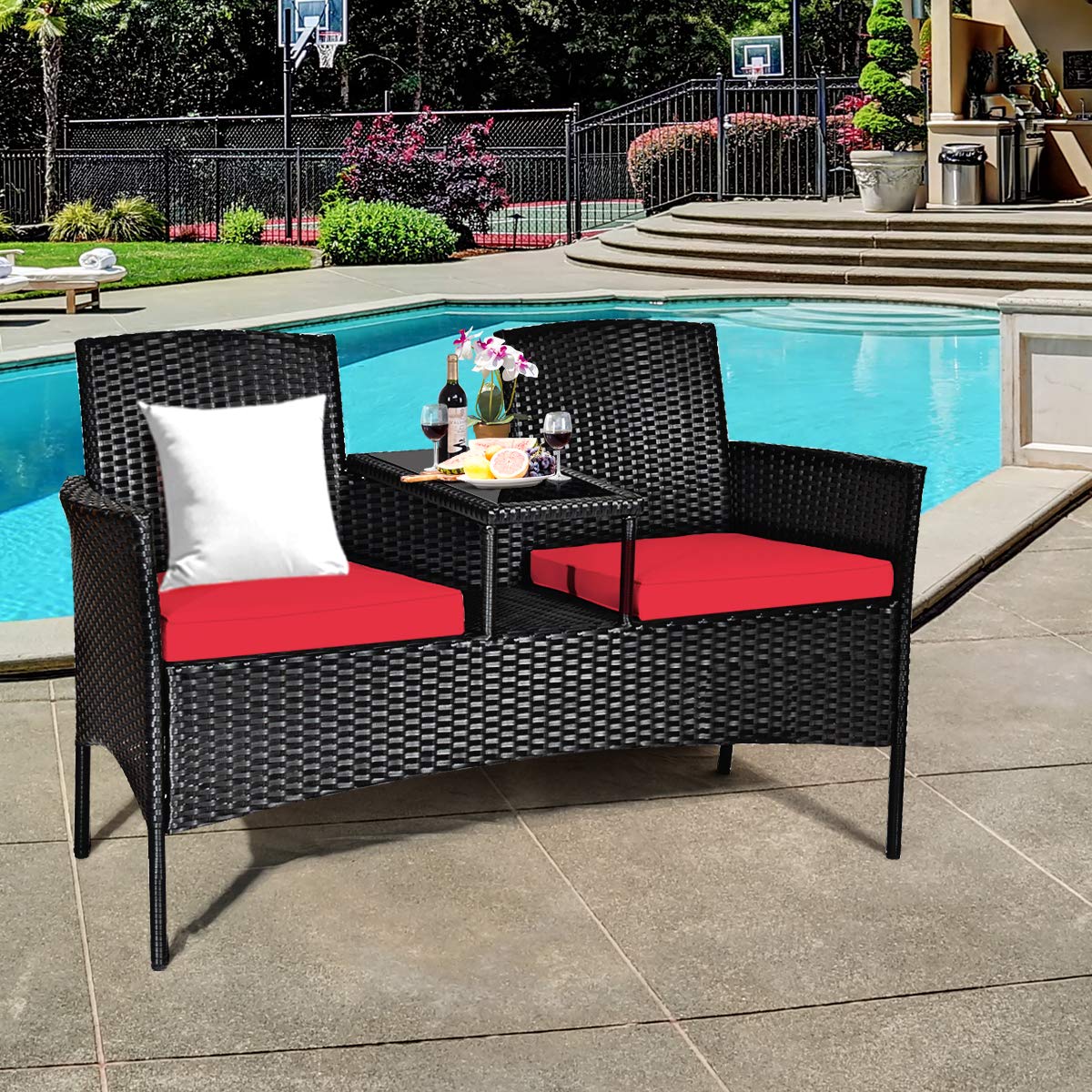 Tangkula Wicker Patio Conversation Furniture Set, Outdoor Furniture Set with Removable Cushions & Table, Tempered Glass Top, Modern Rattan Bench for Garden Lawn Backyard Tangkula