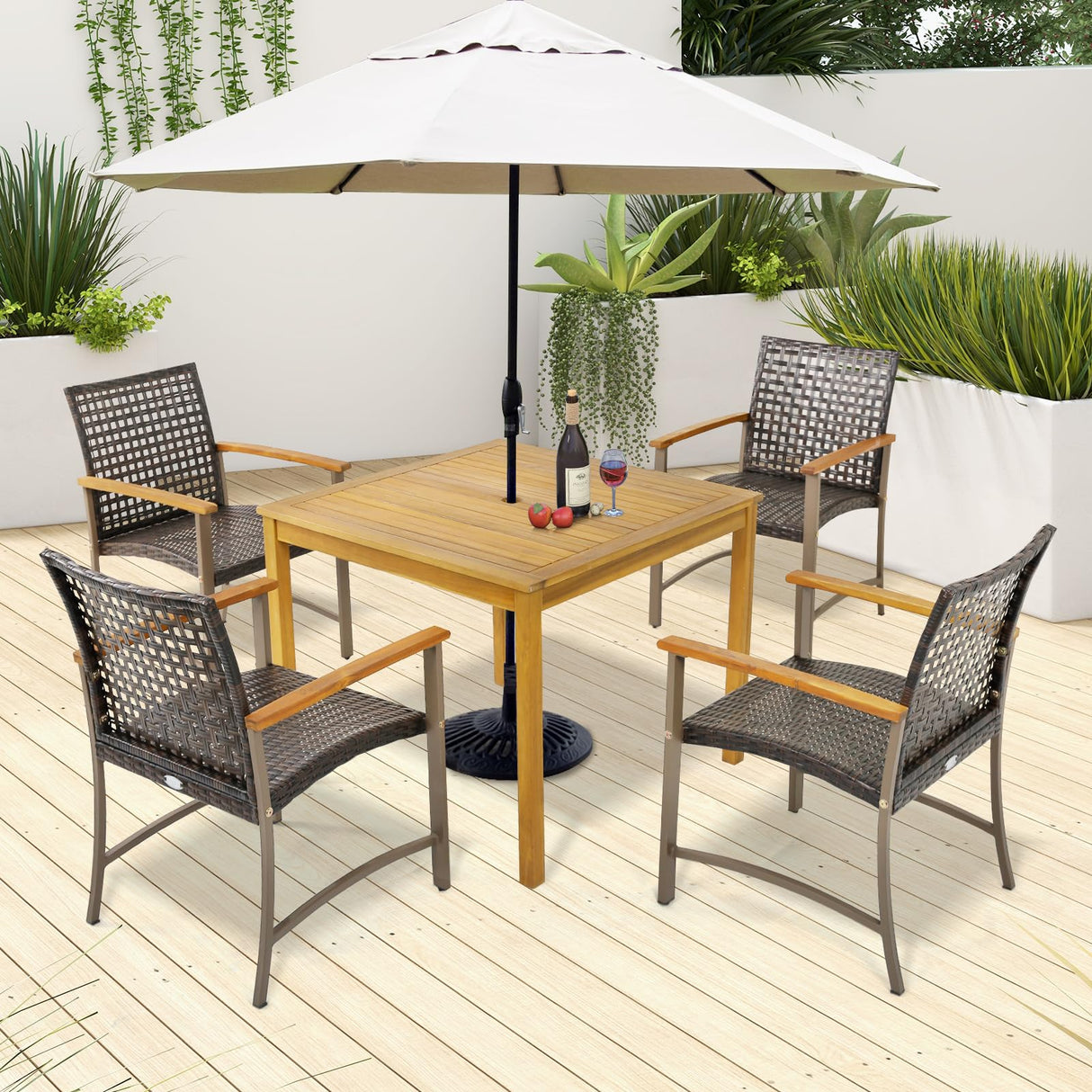 Tangkula Patio Dining Chairs Set of 4, Outdoor PE Wicker & Heavy-Duty Metal Chairs with Acacia Wood Armrests, Outdoor Rattan Armchairs for Garden, Backyard, Poolside, Balcony (Mix Brown) Tangkula